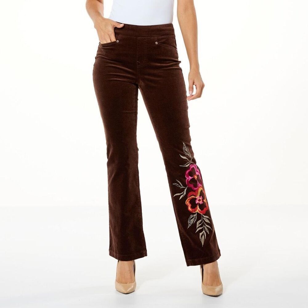 DG2 by Diane Gilman Stretch Velvet Pull-On Embroidered Bootcut Pant size 4P NWT